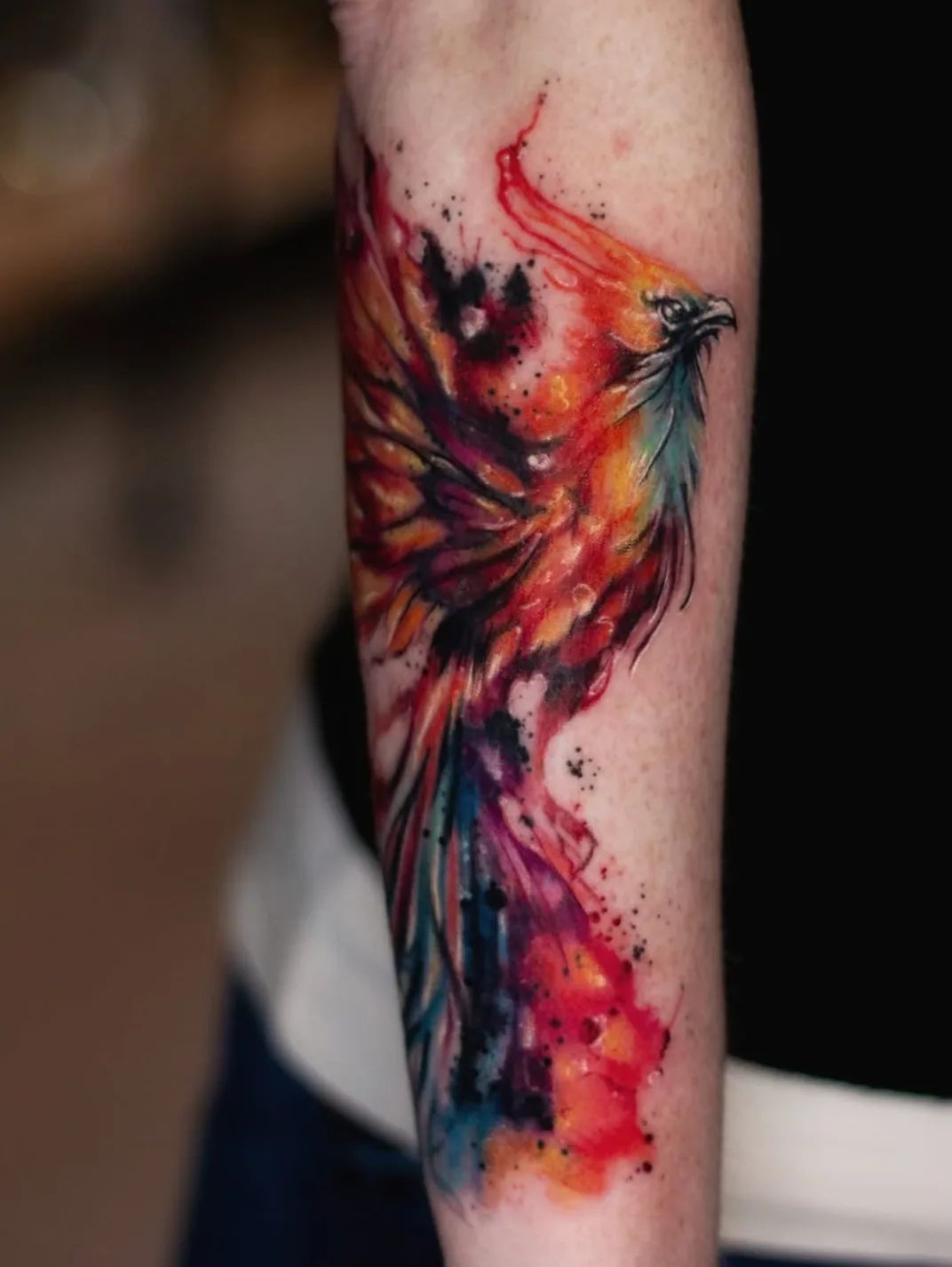 Phoenix tattoo in watercolor style on forearm, colorful with red, orange, and blue tones