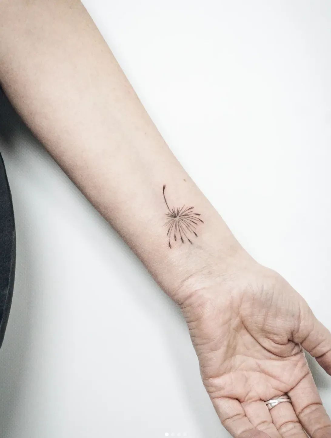 Dandelion fine line tattoo on wrist