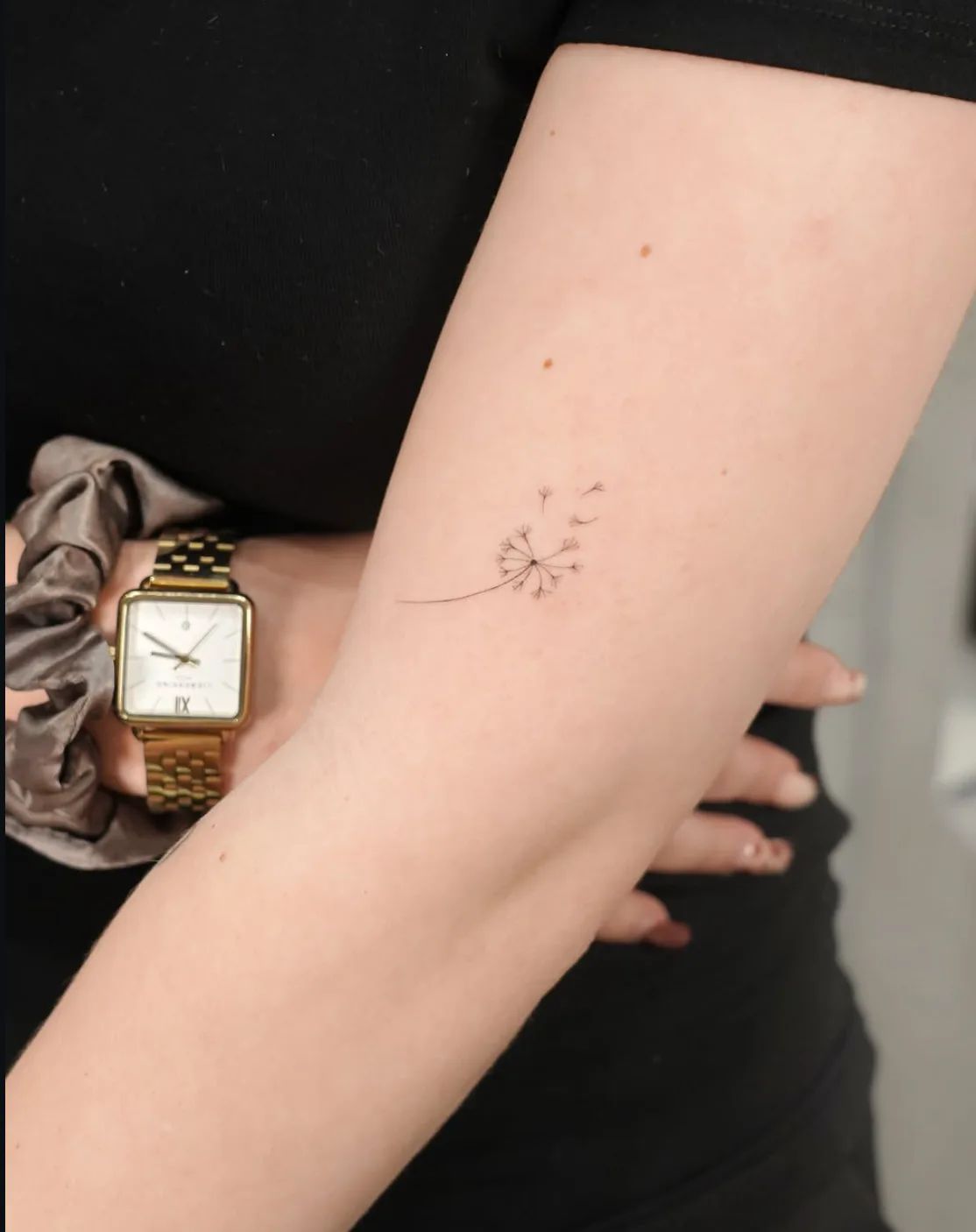 Dandelion fine line tattoo on upper arm