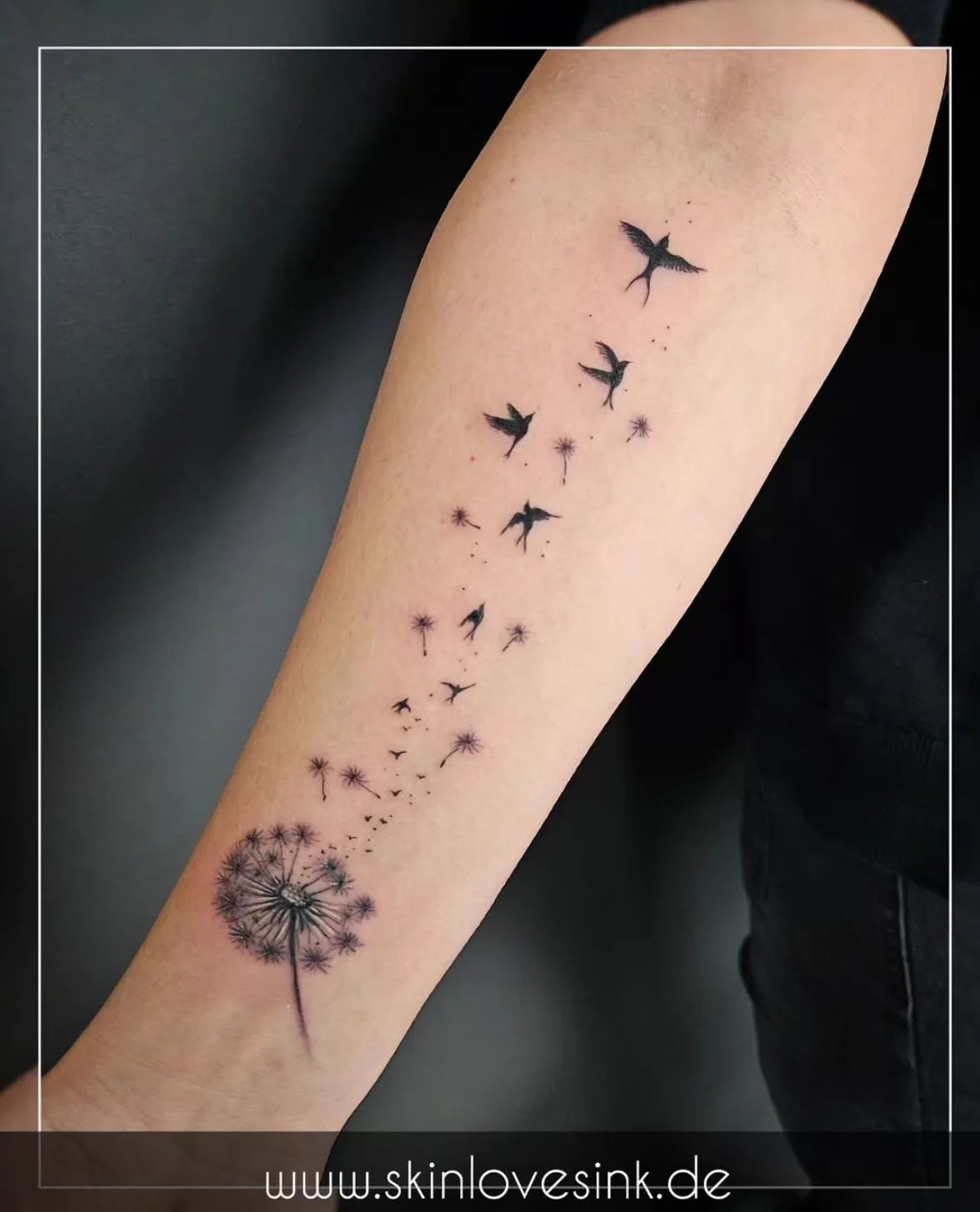 Dandelion tattoo with birds fine line on forearm