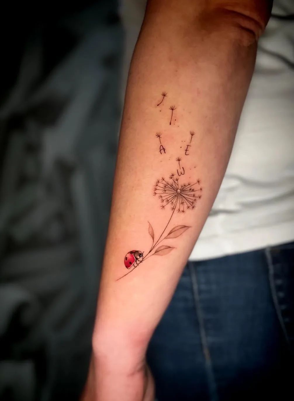 Dandelion tattoo with ladybug and initials in fine line on forearm