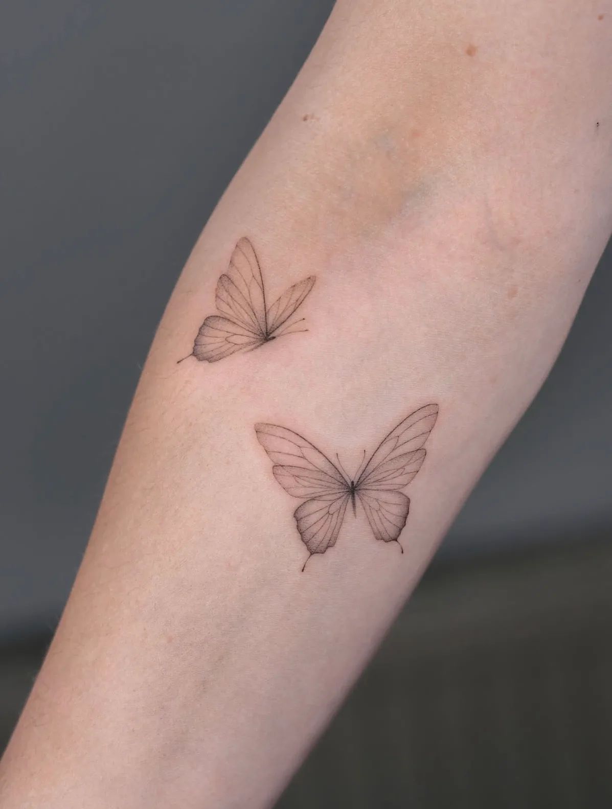 Zwei Schmetterling Tattoos im Fineline-Stil am Unterarm