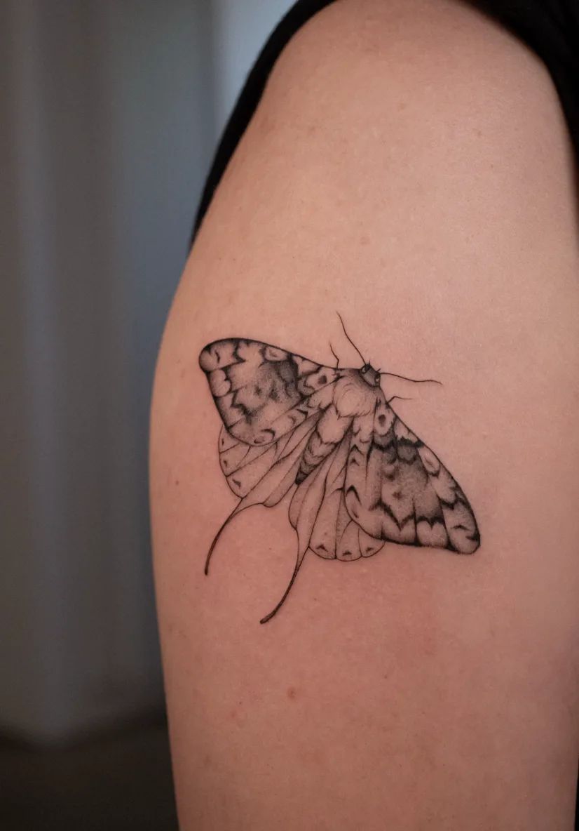 Motten Tattoo Fineline und Dotwork am Oberarm