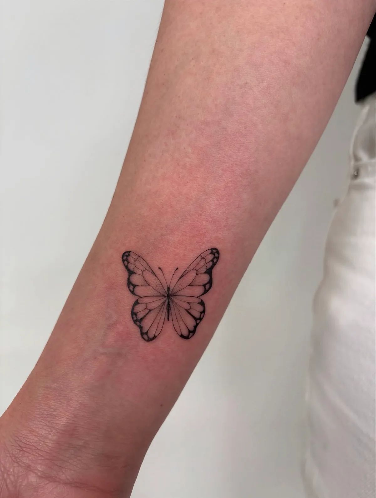 Schmetterling Tattoo Fineline am Unterarm